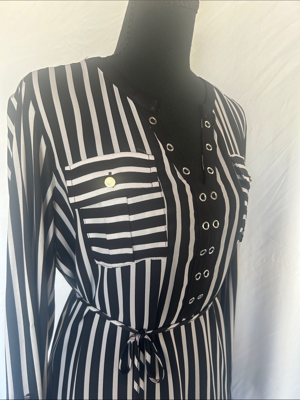 Blank NYC Black and White Striped Long-Sleeve Tunic with Grommet Placket